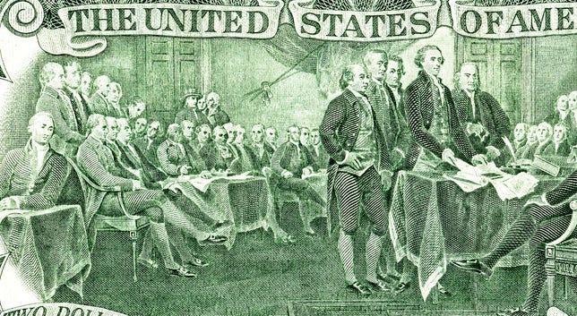 Signing declaration of independence from the two dollar banknote, detail