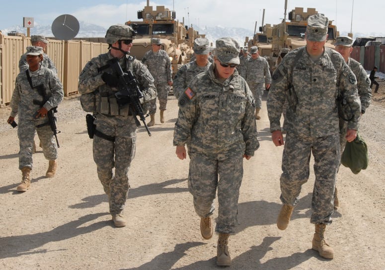 Army Gen. Ann Dunwoody, Army Materiel Command commander, tours Forward Operating Base Shank with the Task Force Spartan command group, Feb. 28. Dunwoody's visit was to observe the conditions and learn about the base expansion.