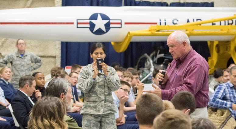 Agriculture Secretary Sonny Perdue holds a Veterans-to-Agriculture listening session with transitioning Airmen and their families, veterans, and Junior Reserve Officer Training Cadets (JROTC), in the South Dakota Air and Space Museum, at Ellsworth AFB, SD