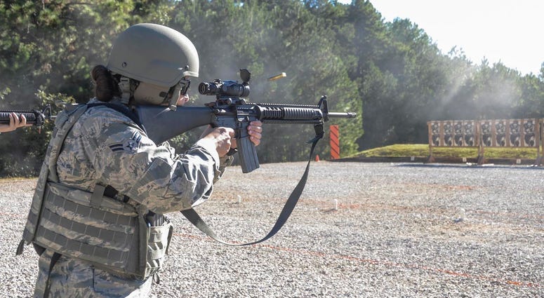 Louisiana National Guard’s Airman 1st Class Julia Thomas, a Metairie native with the 159th Fighter Wing, competes in the rifle reflexive match while competing in the Adjutant General's Match at Camp Beauregard in Pineville, Louisiana, Oct. 11, 2018. Thoma