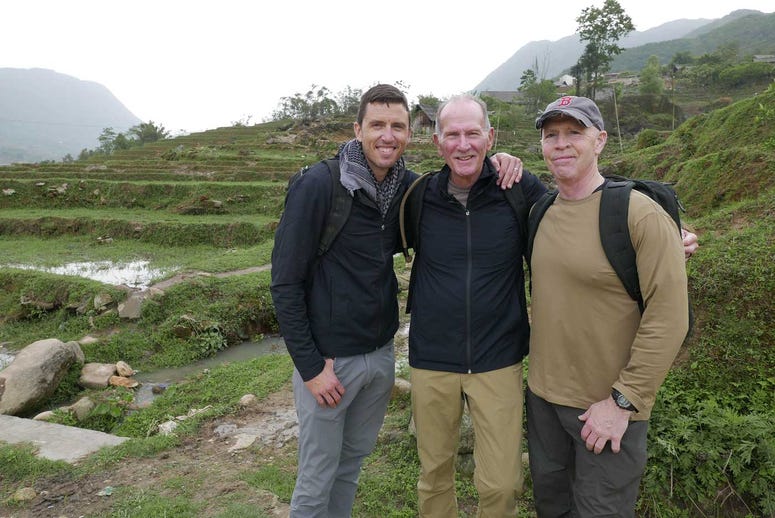 GORUCK founder Jason McCarthy, Vietnam Special Forces vet Rich Rice and "Shoe Dog" Paul Litchfield in vietnam
