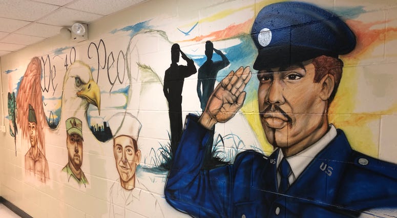 A mural painted by homeless veterans at The Joseph Center in East Saint Louis, Illinois. A mural painted by homeless veterans at The Joseph Center in East Saint Louis, Illinois.