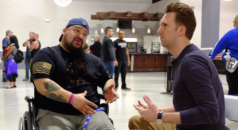 Jordan Klepper (right) speaks with a vet at a Valhalla Club event in Killeen, Texas Host Jordan Klepper (right) speaks with a vet at a Valhalla Club event in Killeen, Texas