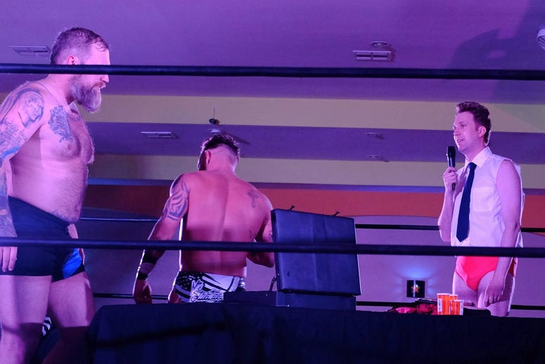 Jordan Klepper (right) in the ring with the vets of The Valhalla Club in Killeen, Texas A scene from the premiere episode of Klepper at The Valhalla Club