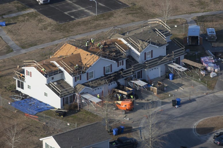 Damage can still be seen in several housing communities and government buildings across Camp Lejeune, N.C., Feb. 1, 2019.