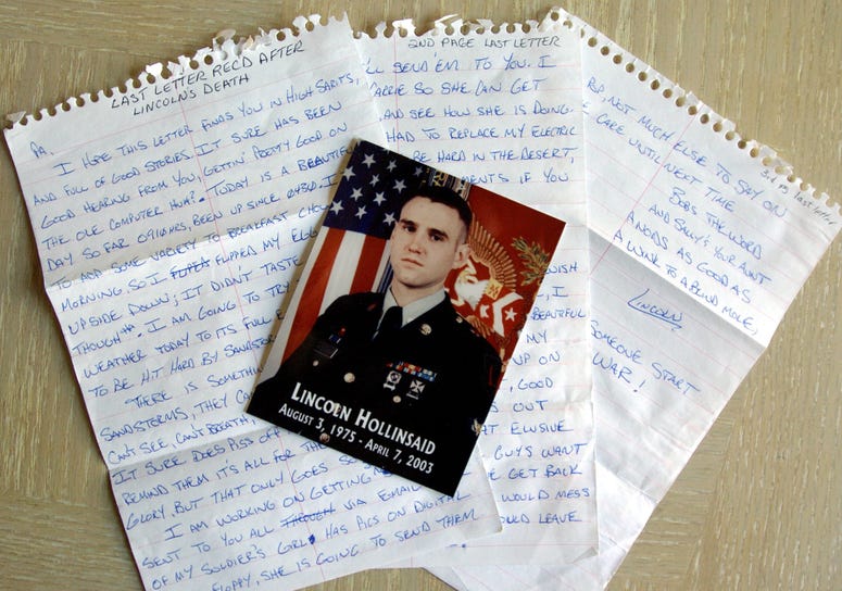 Dan and Nancy Hollinsaid, of Malden, Illinois, parents of Staff Sgt. Lincoln Hollinsaid, each received a letter from their son four days after he was killed in Iraq in April 2003. letter