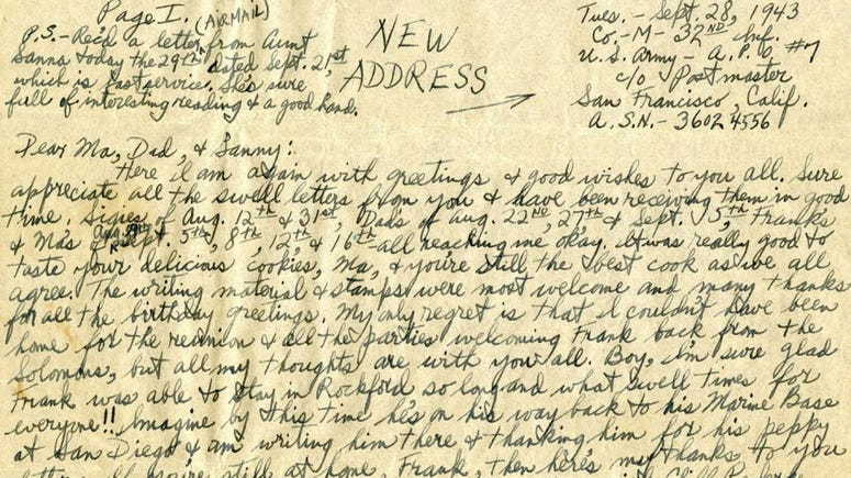 A letter from Ralph Eyde to his family alerting them to both his new mailing address and a recent "slight head wound" he suffered in combat. Letters From War
