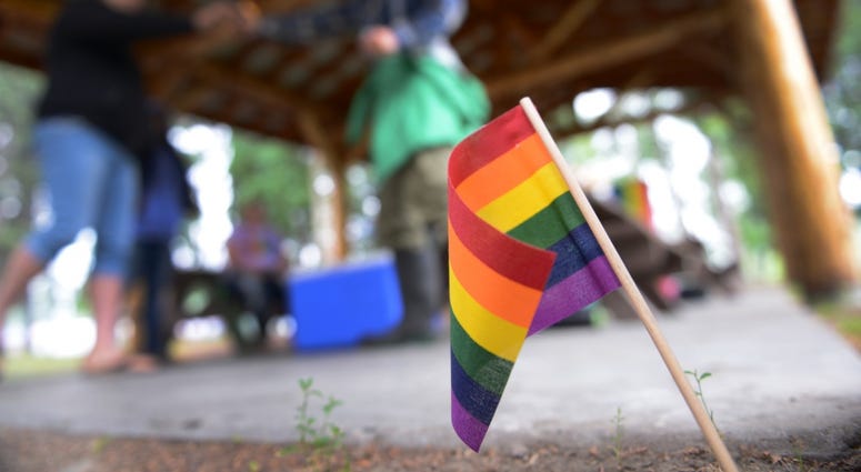 A rainbow flag is placed in the ground for Lesbian, Gay, Bisexual and Transgender Pride Month during the Picnic in the Park at Nussbaumer Park, June 27, 2015, in Fairbanks, Alaska.
