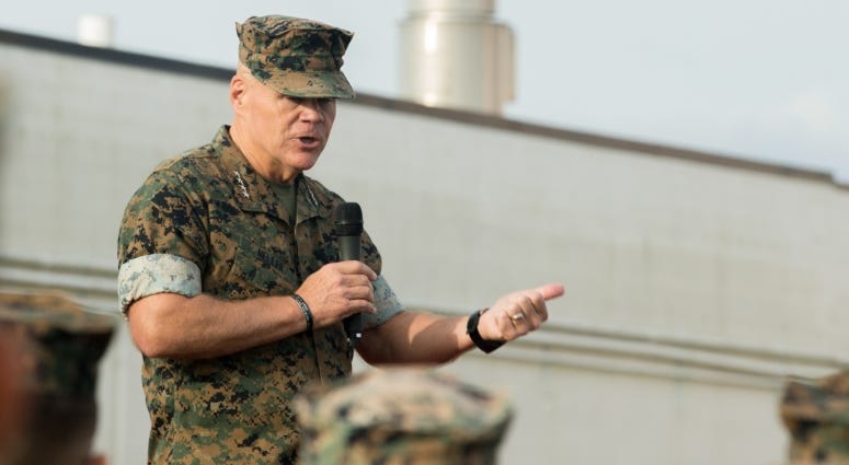 U.S. Marine Corps Gen. Robert B. Neller, commandant of the Marine Corps, speaks to Marines on Camp Lejeune, N.C., Oct. 23, 2018.