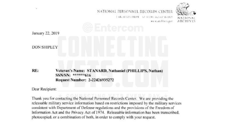 National Personnel Records Center cover letter sent to Don Shipley