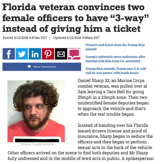 The photo of the story claiming a Marine vet was arrested for seducing two police officers at a Florida Taco Bell