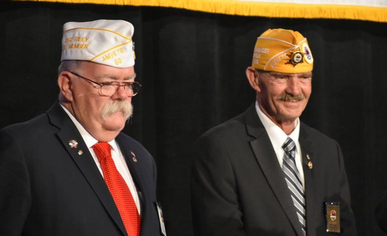 Rege Riley (left) took over as AMVETS National Commander from Marion Polk (right) in August 2018