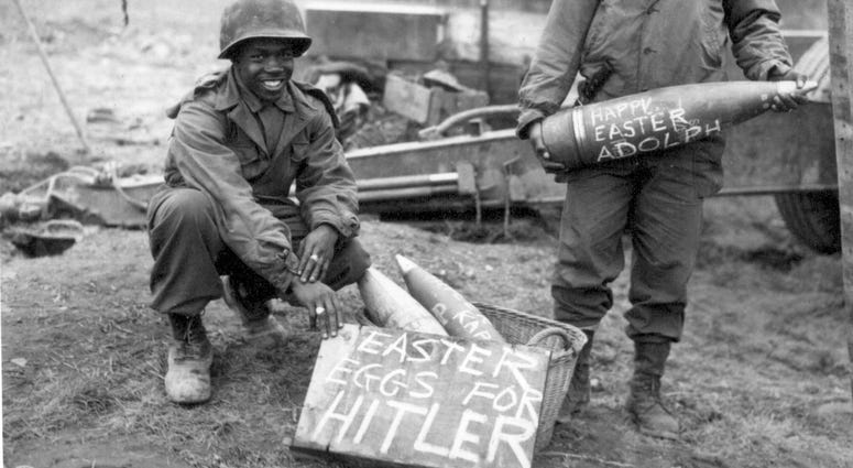 10. Easter morning, T/5 William E. Thomas and Pfc. Joseph Jackson will roll specially prepared eggs on Hitler's lawn. March 10, 1945