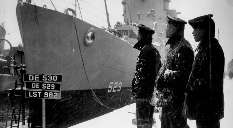 March 20, 1944 Negro sailors of the U.S.S. Mason (DE 529) commissioned at Boston Navy Yard proudly look over their ship which is the first to have a predominately Negro crew