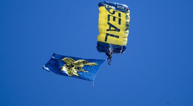 A member of the U.S. Navy parachute team, the Leap Frogs, flies the Navy SEAL trident flag as part of a parachute demonstration during the 32nd annual Navy SEAL Muster and Music Festival hosted by the National Navy UDT-SEAL Museum. SEAL