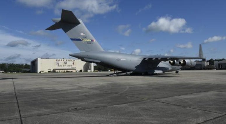 145th Airlift Wing C-17 Globemaster III Aircraft 0183 sits for the first time on the flight line of Pope Army Airfield, Fayetteville North Carolina, August 1, 2018.