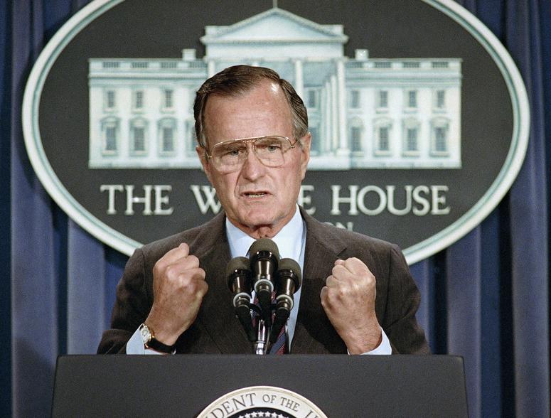 Bush holds a news conference at the White House condemning the Chinese crackdown on pro-democracy demonstrators in Beijing's Tiananmen Square, June 5, 1989.