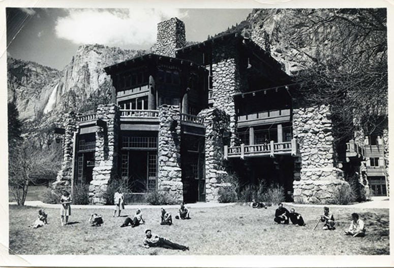Sailors recline in the front of the icon Ahwahnee Hotel at Yosemite National Park. WWIIYosemiteNationalPark