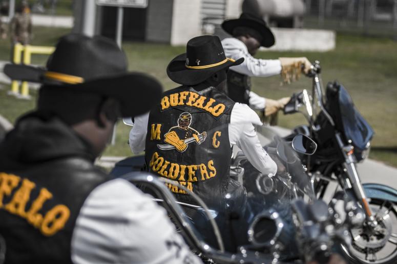 Volunteers from the Buffalo Soldiers Motorcycle Club, Korea chapter, rev their engines for Soldiers participating in the 8th Annual 9-11 Ruck March on Camp Humphreys, Sept. 11. BuffaloSoldiers4