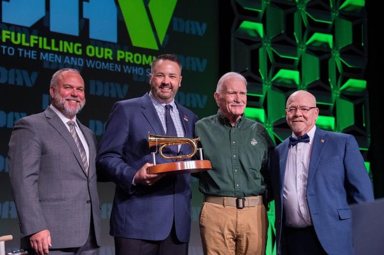 Retired Marine Capt Dale Dye accepts the 2019 DAV bugle award during the DAV National Convention in Orlando Florida Retired Marine Capt Dale Dye accepts the 2019 DAV bugle award during the DAV National Convention in Orlando Florida
