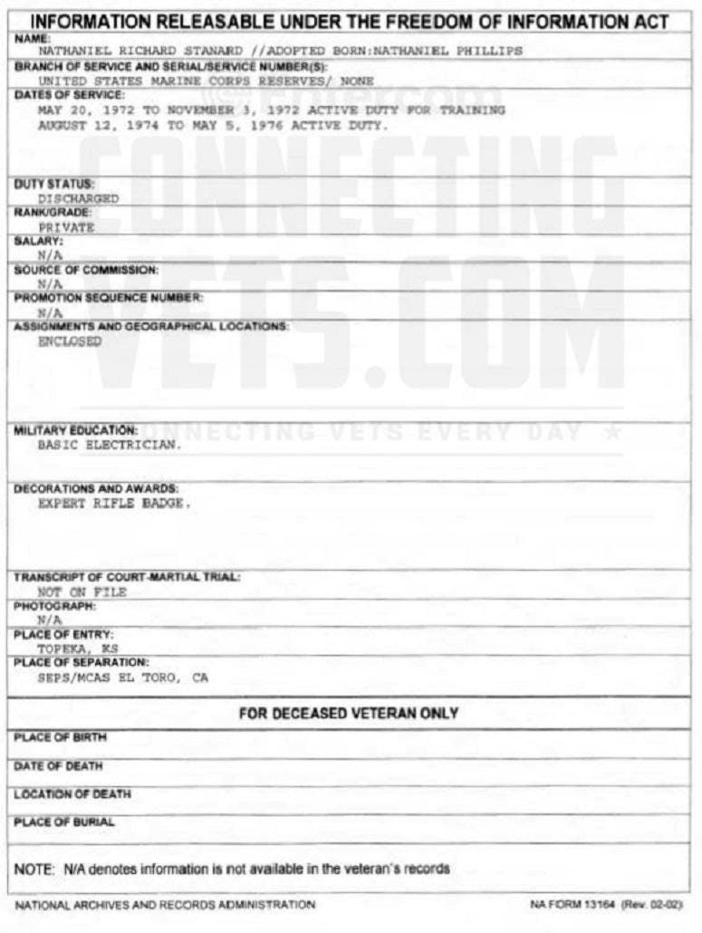A page from Nathan Phillips service record, obtained by Don Shipley.
