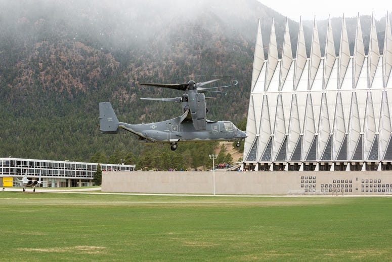 A CV-22 Osprey lands on the U.S. Air Force Academy's Terrazzo in Colorado Springs, Colorado, April 15, 2016.