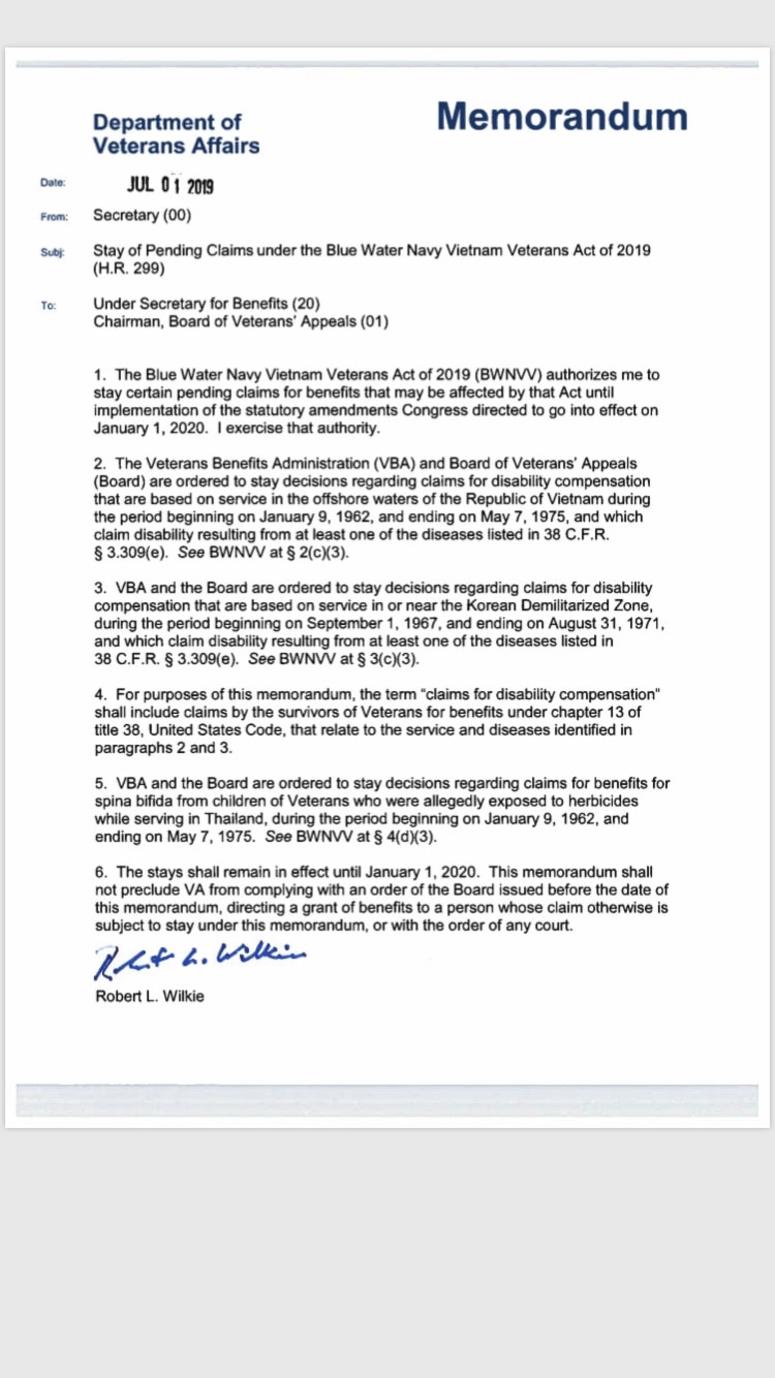 Memo from VA Secretary Robert Wilkie. VAWilkieBWNmemo