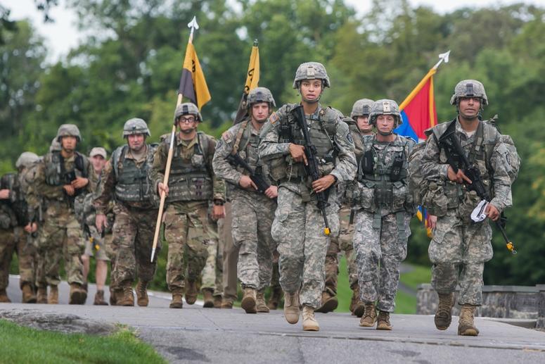 First Captain Simone Askew leads the U.S. Military Academy Class of 2021 as they complete their 12-mile March Back from Camp Buckner to West Point on Aug. 14, 2017.