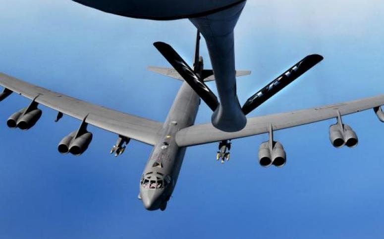 A B-52 Stratofortress from Barksdale Air Force Base, La., approaches a KC-135 Stratotanker from RAF Mildenhall, England, above the Mediterranean Sea Sept. 27, 2017.