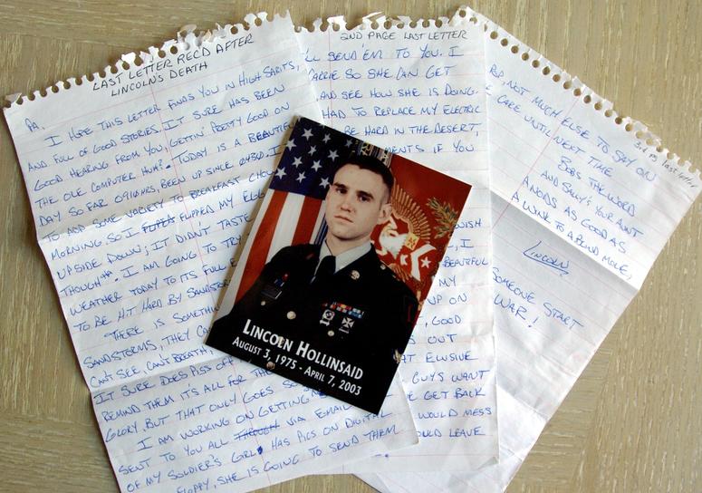 Dan and Nancy Hollinsaid, of Malden, Illinois, parents of Staff Sgt. Lincoln Hollinsaid, each received a letter from their son four days after he was killed in Iraq in April 2003. letter