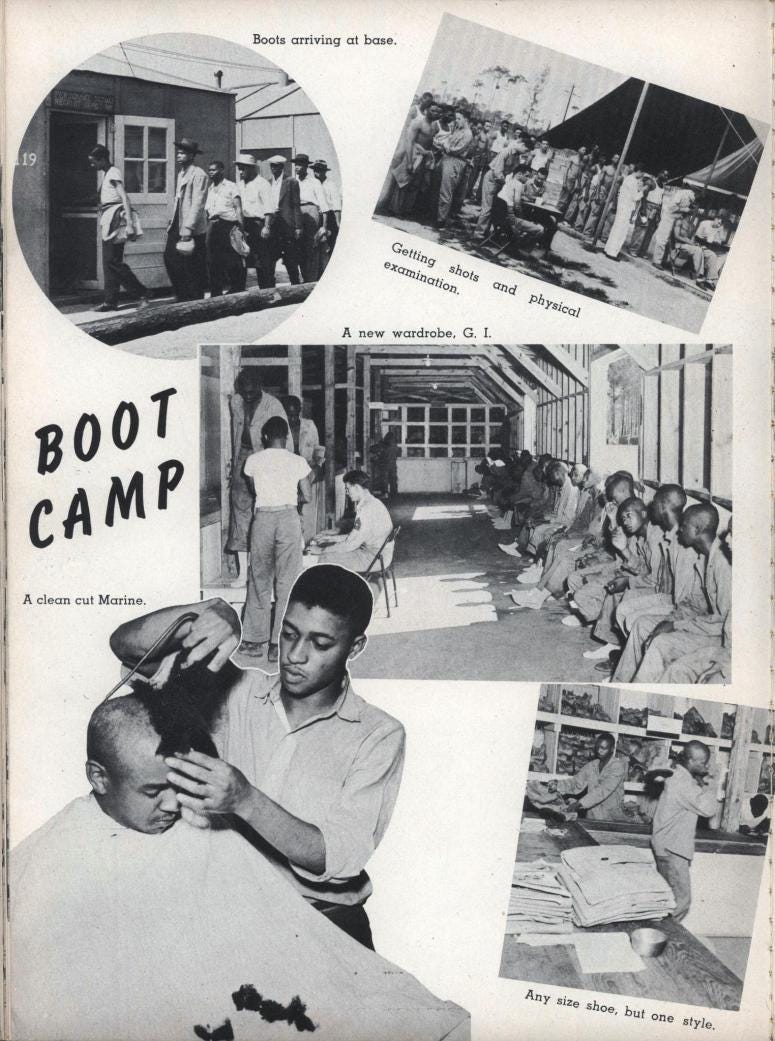 Candidates at Montford Point, Camp Lejeune, North Carolina immediately begin in-processing procedures upon arrival to the base. Montford Point Camp