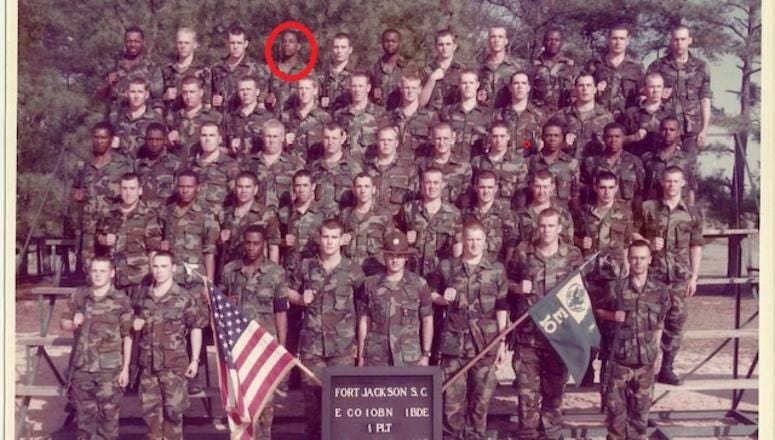 Nick Smith (top row, 4th from left) at basic training in 1987 on Fort Jackson, SC. Nick Smith Fox 5 DC Army veteran news anchor
