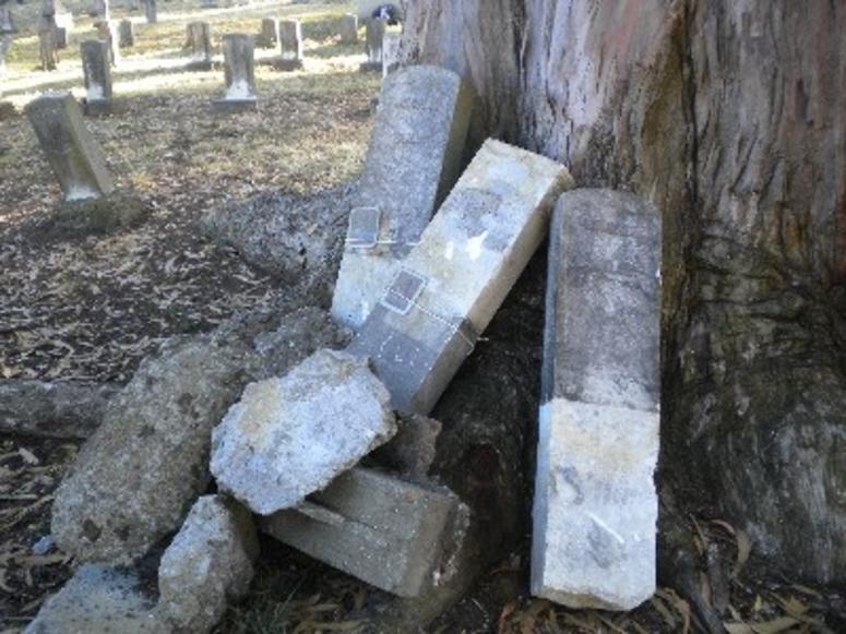 Three headstones removed by the Russian government in 2010 rest near a tree.