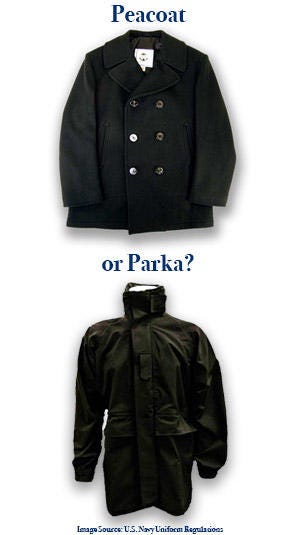 The pea coat and the parka that will replace it.