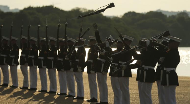 Marines with the U.S. Marine Corps Silent Drill Platoon execute their “long line” sequence during a Tuesday Sunset Parade at the Jefferson Memorial, Washington, D.C., July 9, 2019 Marines with the U.S. Marine Corps Silent Drill Platoon execute their “long line” sequence.