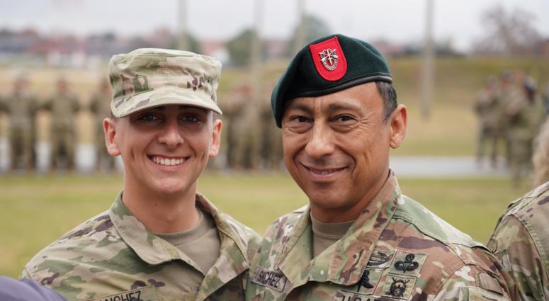 Command Sgt. Maj. Terry M. Sanchez (right), command sergeant major of the 7th Special Forces Group (Airborne), and Pvt. Diego Sanchez (left) pause for a photo during the graduation ceremony at the U.S. Army Airborne School Command Sgt. Maj. Terry M. Sanchez (right), command sergeant major of the 7th Special Forces Group (Airborne), and Pvt. Diego Sanchez (left) pause for a photo during the graduation ceremony at the U.S. Army Airborne School