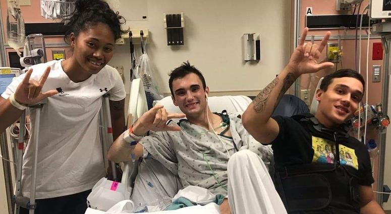 Sgt. Aechere Crump and Pfc. Victor Alamo visit with Spc. Ezra Maes during their recovery at Brooke Army Medical Center. Crump and Alamo survived the tank accident with Maes in early 2018. Soldier self-amputates leg to aid battle buddies