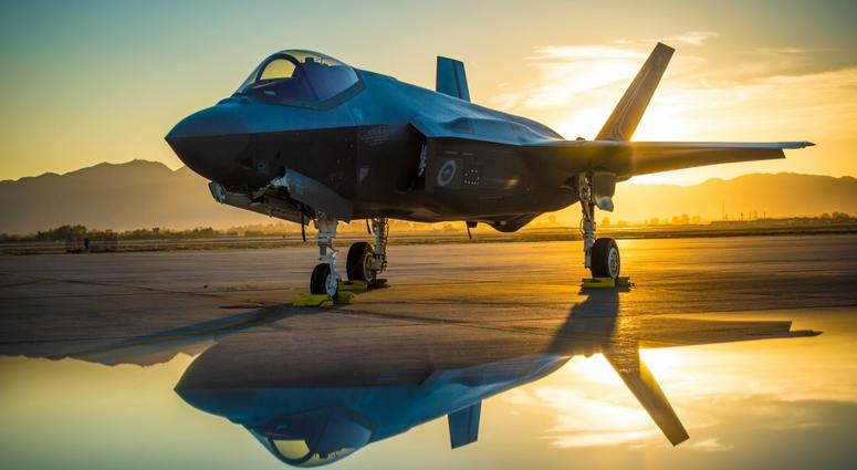 The sun sets behind a F-35A Lighting II aircraft at Luke Air Force Base, Ariz., June 27, 2018. The entire F-35 fleet has been grounded after a crash in South Carolina showed a potential systemic mechanic issue.