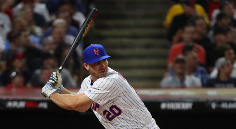 Pete Alonso of the New York Mets competes in the T-Mobile Home Run Derby at Progressive Field on July 08, 2019 in Cleveland, Ohio. Pete Alonso of the New York Mets competes in the T-Mobile Home Run Derby at Progressive Field on July 08, 2019 in Cleveland, Ohio.