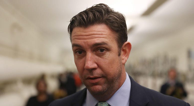 Rep. Duncan Hunter (R-CA) speaks to the media before a painting he found offensive and removed is rehung on the U.S. Capitol walls on January 10, 2017 in Washington, DC.