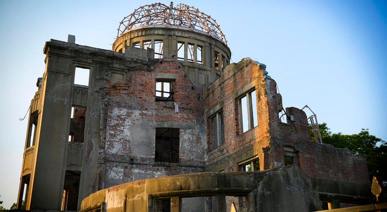 Genbaku Domu, or the Atom-Bomb Dome, stands in Hiroshima, Japan, May 31, 2016. The dome, a designated World Heritage Site, is the remnant of a building which withstood the atomic bomb the U.S. dropped on Hiroshima City at the end of WWII.
