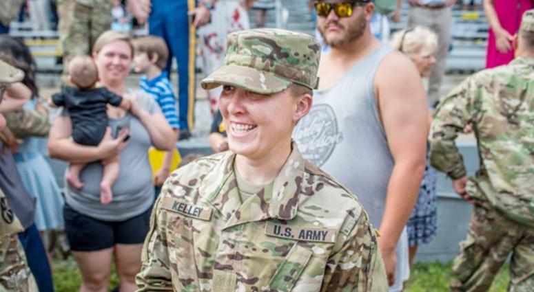 Staff Sgt. Amanda Kelley meets family and friends after becoming the first enlisted woman to graduate from the Army's Ranger School Aug. 31, 2018. AmandaKelley