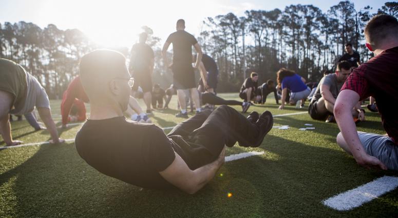 U.S. Marines and Sailors with 24th Marine Expeditionary Unit execute physical training at Camp Lejeune, N.C., Feb. 28, 2019. The training was held to promote unit cohesion and readiness. PT-Fitness-Overweight-Obesity-Exercise