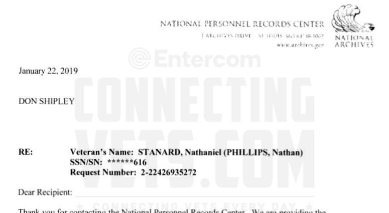 NPRC cover letter received by Don Shipley