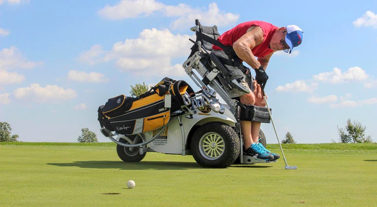 Peter Mittelstaedt, a former Marine from Elkhorn, Wisconsin takes part in the 25th annual TEE Tournament in Iowa City, Iowa.