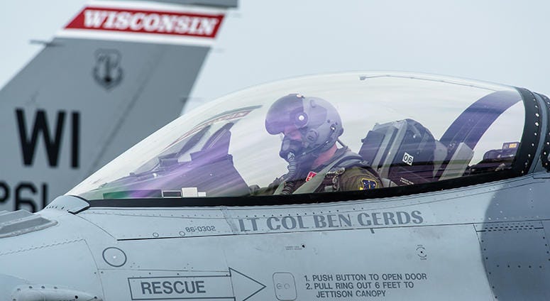 Capt. Nathan Pelc, an F-16 Fighting Falcon pilot with the 176th Fighter Squadron, Truax Field, Wisconsin, prepares for takeoff Aug. 15, 2018, at Truax Field. F-16s from the Wisconsin and Arizona Air National Guard are participating in the Northern Lightni