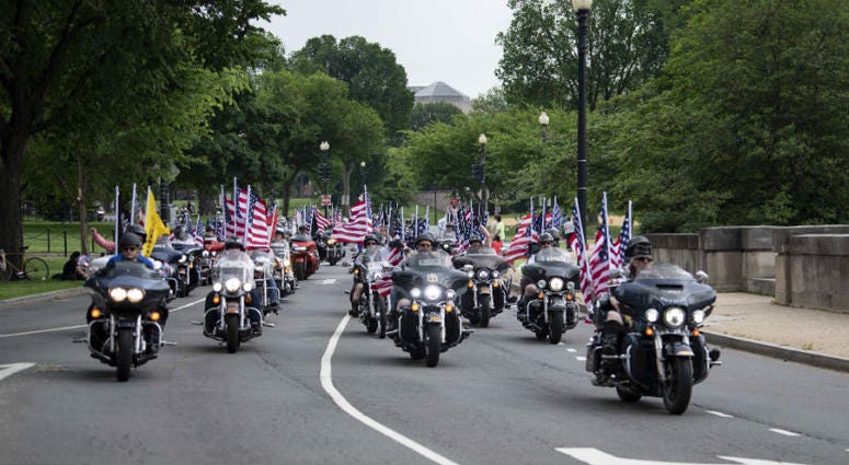 Motorcycle riders participate in Rolling Thunder in Washington D.C. Memorial Day weekend across America.