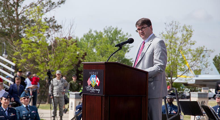 Acting Secretary of Veterans Affairs Robert Wilkie offers remarks from the President of the United States, Donald Trump, to open the North American Aerospace Defense Command’s 60th Anniversary Ceremony on Peterson Air Force Base Colorado, May 12. The cere