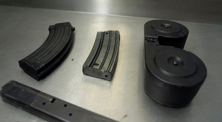 One area under debate in gun laws is over high-capacity ammunition magazines. These high-capacity magazines sit on display in the evidence room of the Oakland, California, Police Department. ammo mag