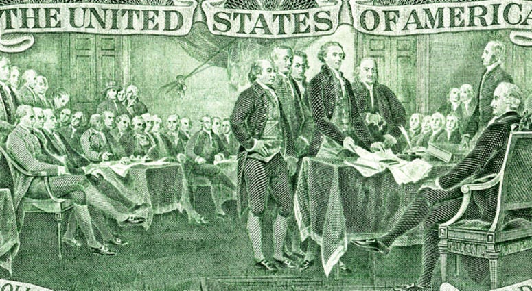 Signing declaration of independence from the two dollar banknote, detail